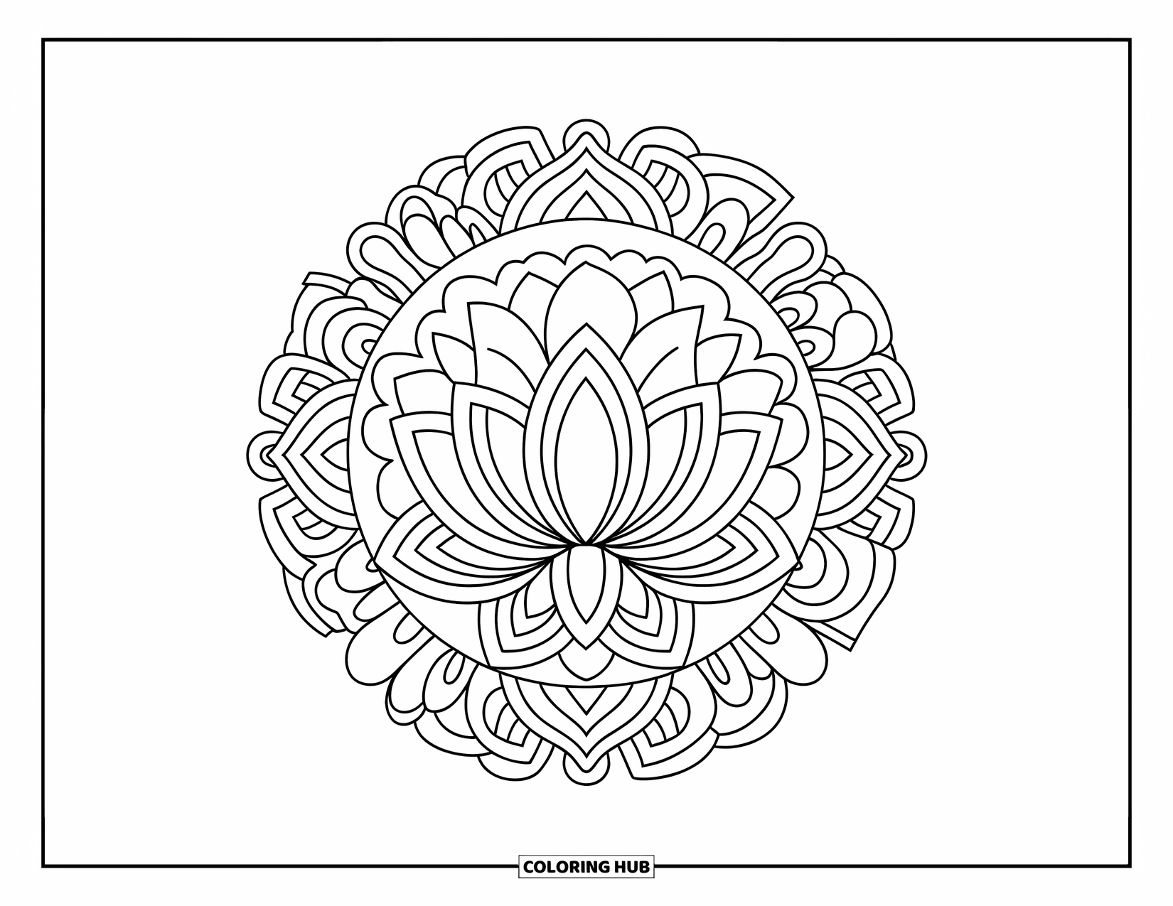 Bohemian Mandala Coloring Page for Kids: A lotus flower expanding into mandala circles with petal details