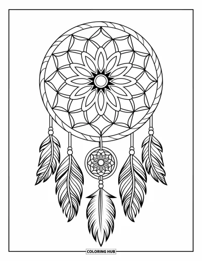Bohemian Mandala Coloring Page for Kids: A mandala-ring dreamcatcher hanging from a wooden hoop