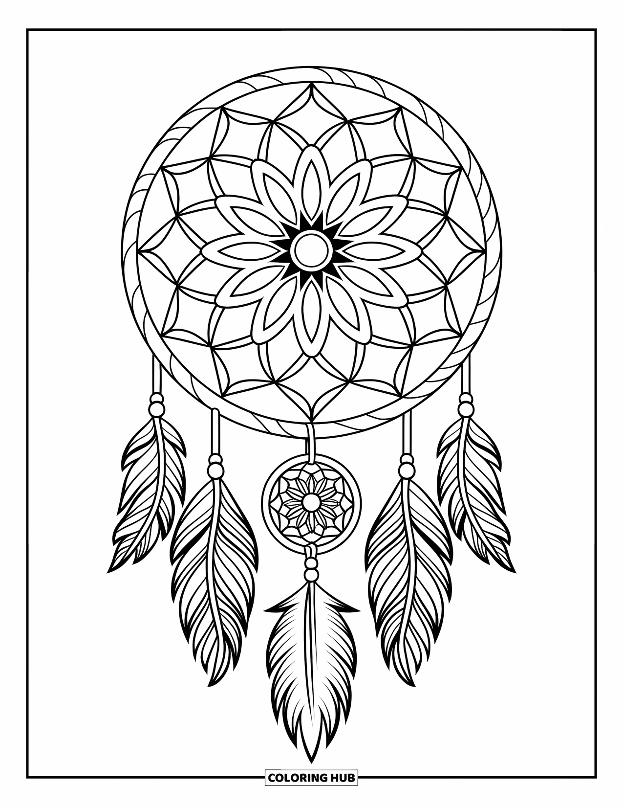 Bohemian Mandala Coloring Page for Kids: A mandala-ring dreamcatcher hanging from a wooden hoop
