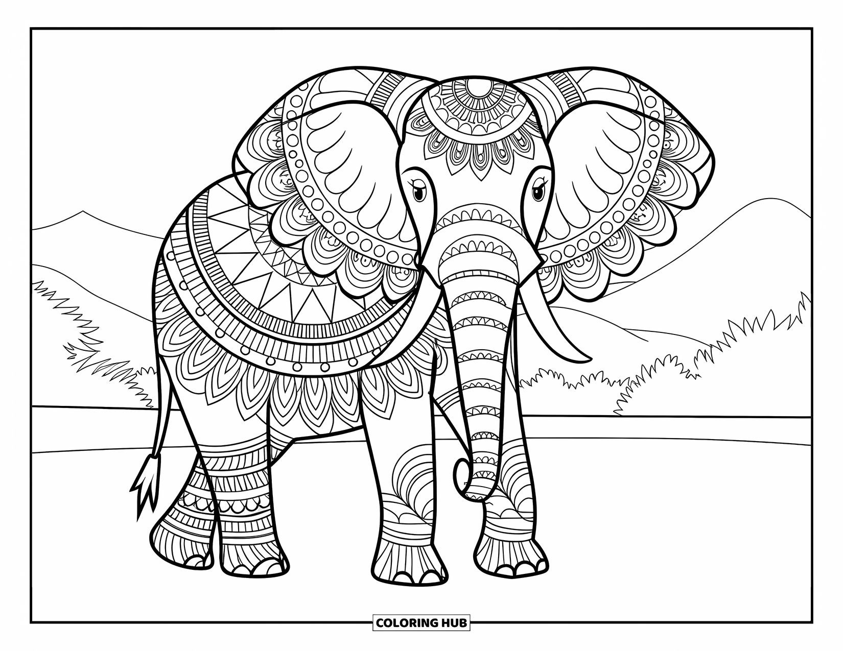 Bohemian Mandala Coloring Page for Kids: A mandala-style elephant on a field with trees and mountain views