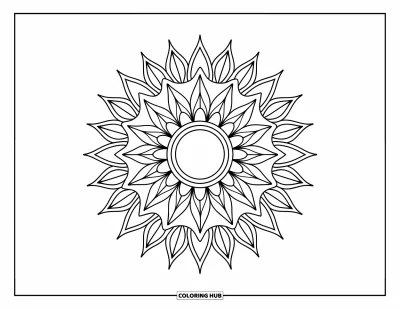 Bohemian Mandala Coloring Page for Kids: A modern sun mandala with triangle beams and swirling leaf details