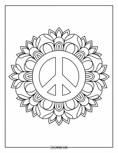 Bohemian Mandala Coloring Page for Kids: A peace sign at the center of floral and sunburst mandala layers