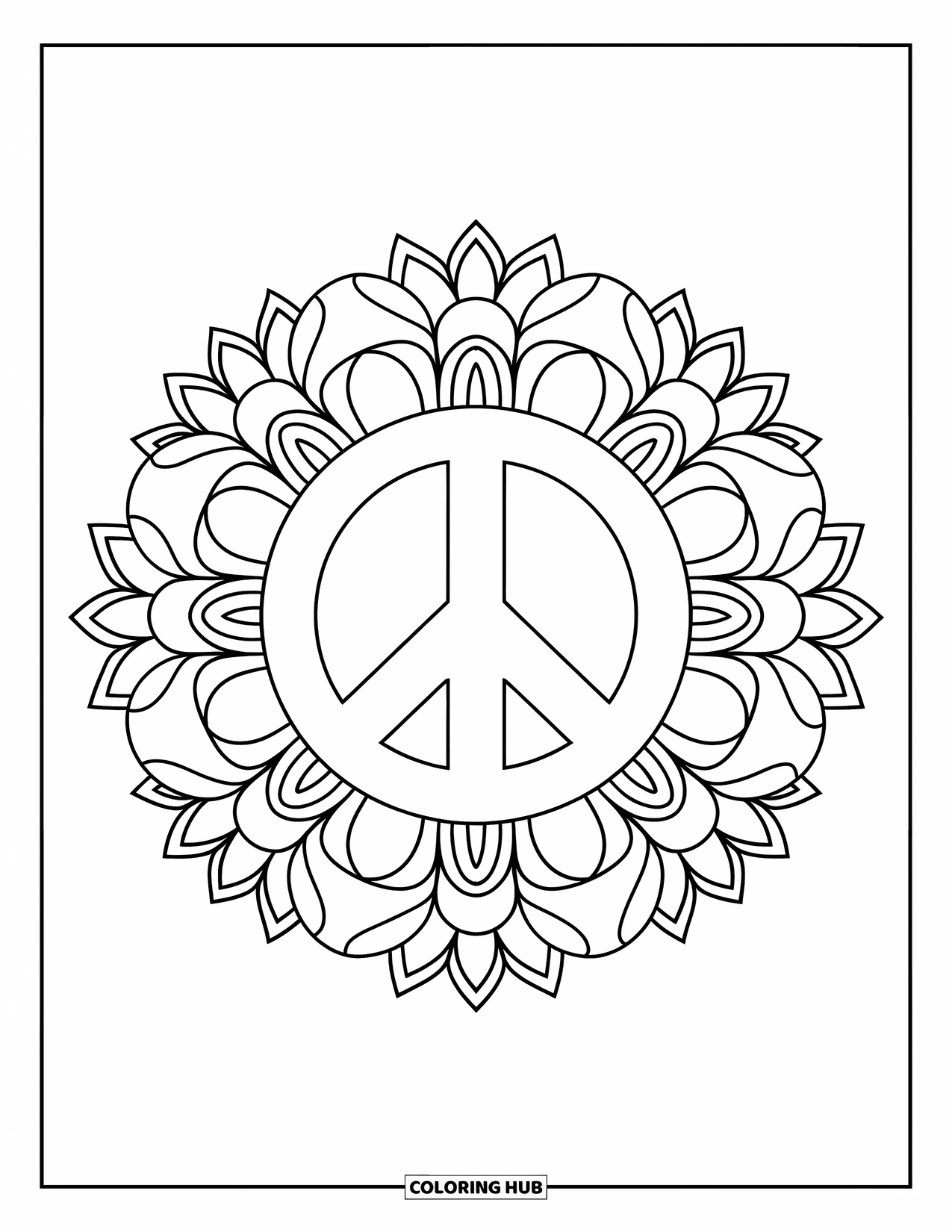 Bohemian Mandala Coloring Page for Kids: A peace sign at the center of floral and sunburst mandala layers
