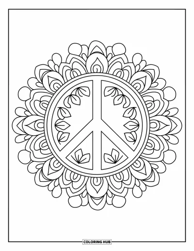 Bohemian Mandala Coloring Page for Kids: A peace sign surrounded by sunburst rays and floral mandalas