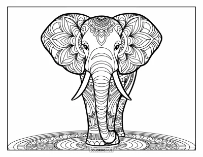 Bohemian Mandala Coloring Page for Kids: A peaceful elephant stands on a mandala ground with patterned details