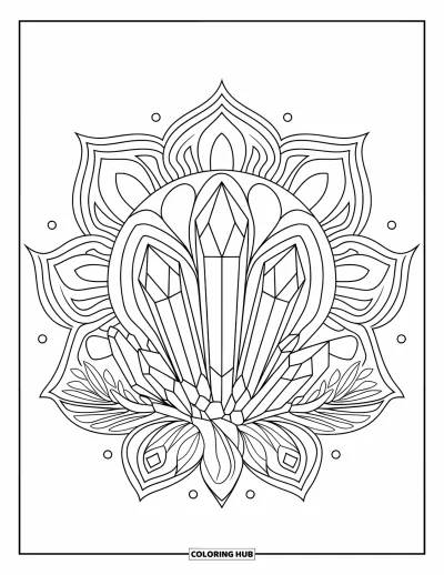 Bohemian Mandala Coloring Page for Kids: A pointed crystal group surrounded by layered mandala circles