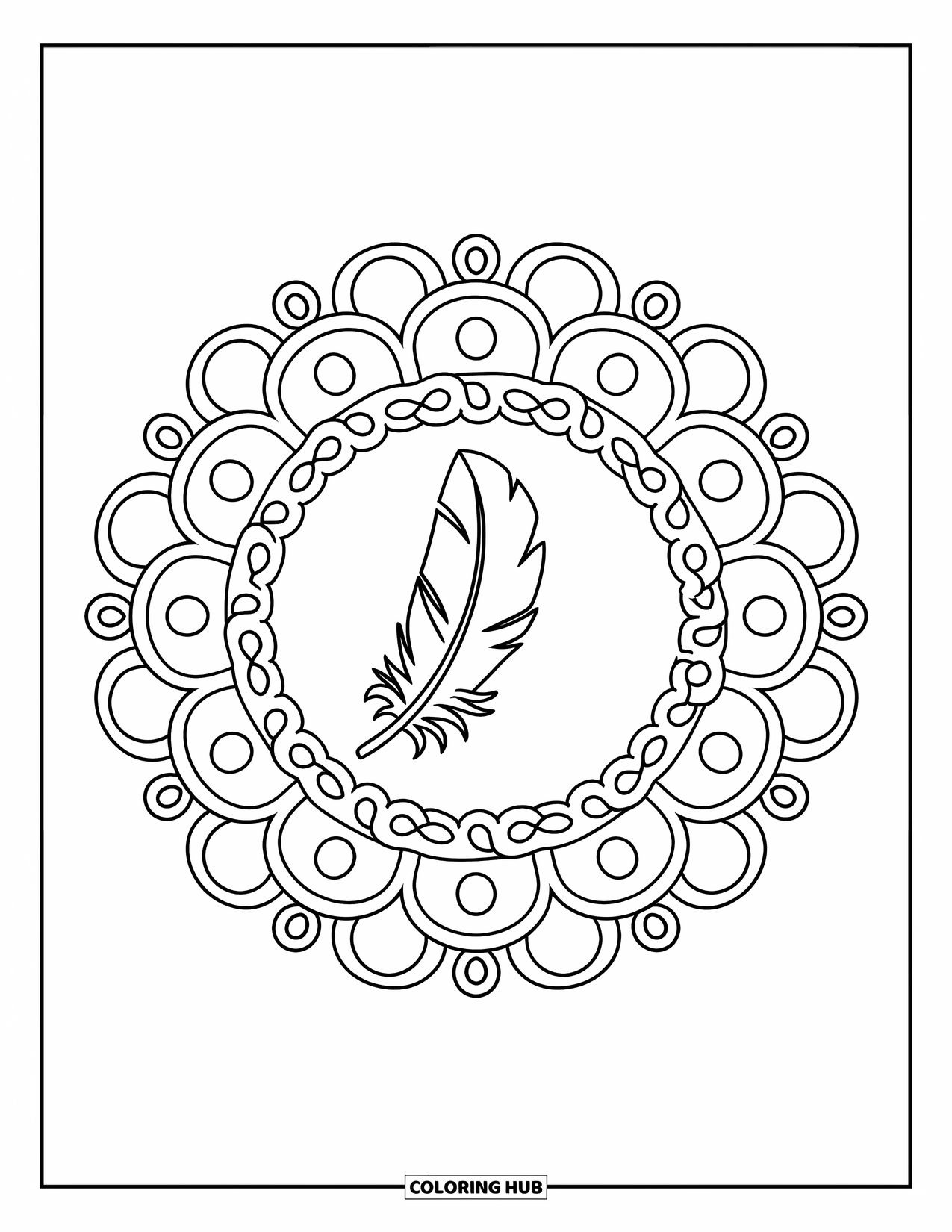Bohemian Mandala Coloring Page for Kids: A simple feather mandala with loops and dotted details