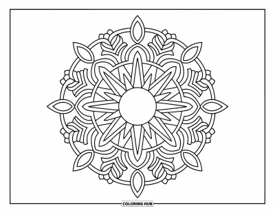 Bohemian Mandala Coloring Page for Kids: A sun mandala with triangle rays, leaves, and detailed circles