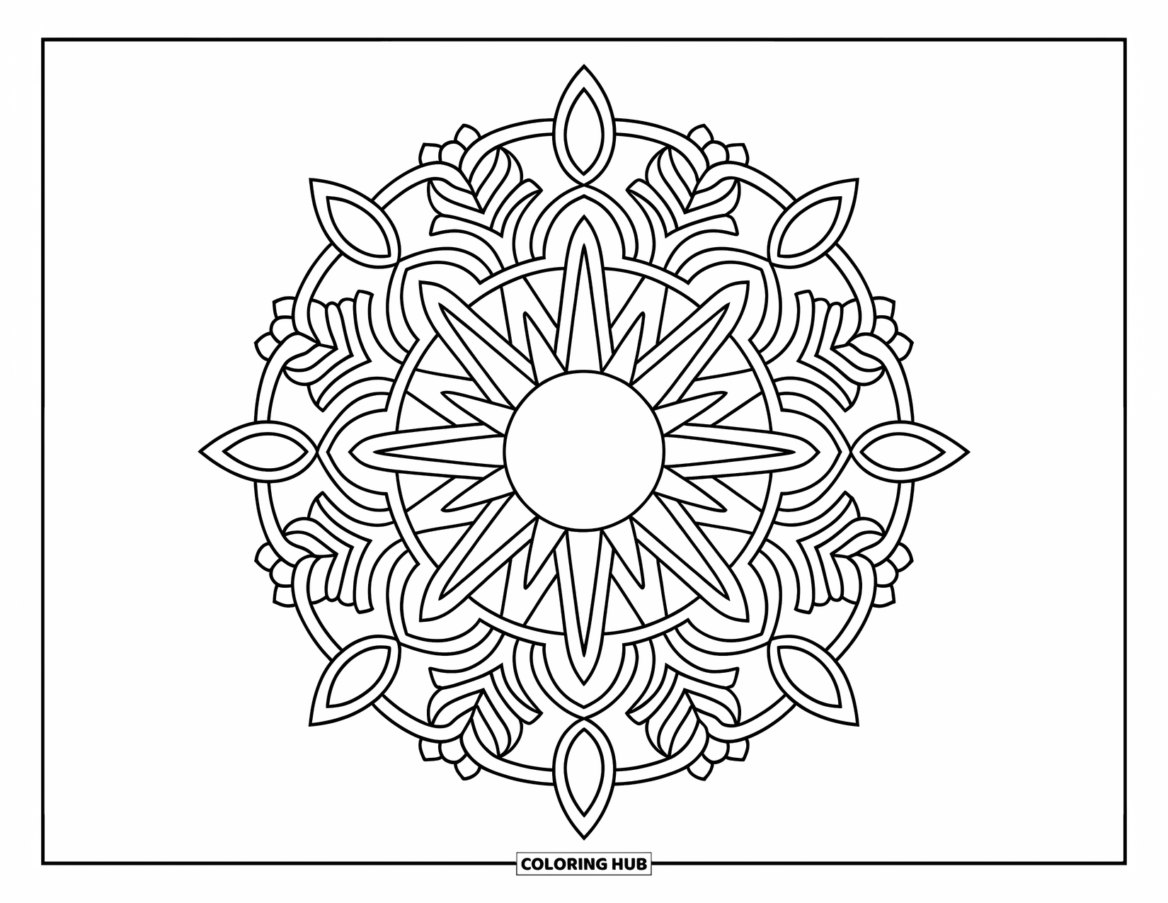 Bohemian Mandala Coloring Page for Kids: A sun mandala with triangle rays, leaves, and detailed circles