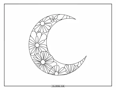 Bohemian Mandala Coloring Page for Kids: Bold floral shapes decorate a playful crescent moon