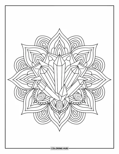 Bohemian Mandala Coloring Page for Kids: Crystals in the middle of patterned mandalas with circles and triangles