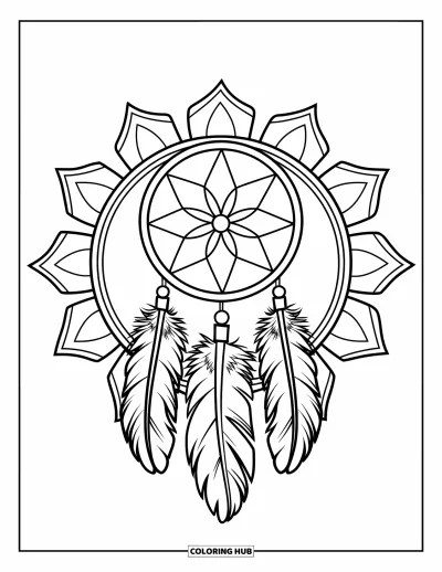 Bohemian Mandala Coloring Page for Kids: Dreamcatcher in a circle, surrounded by geometric mandala shapes
