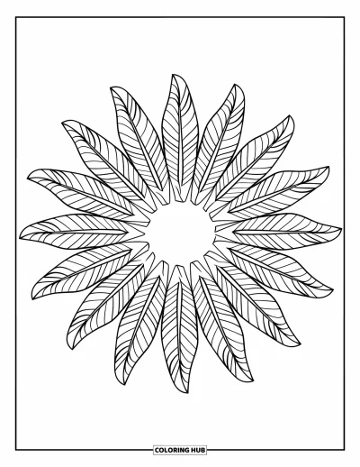 Bohemian Mandala Coloring Page for Kids: Radiating feathers form a bold mandala around a central circle