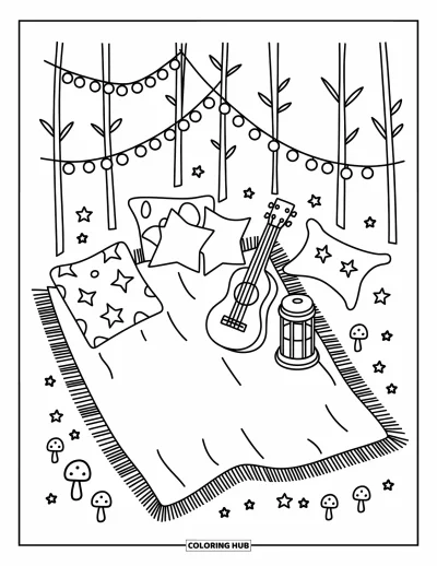 Boho-målarbild för vuxna: En filttält med ljusslingor, en ukulele och söta stjärnor runt om