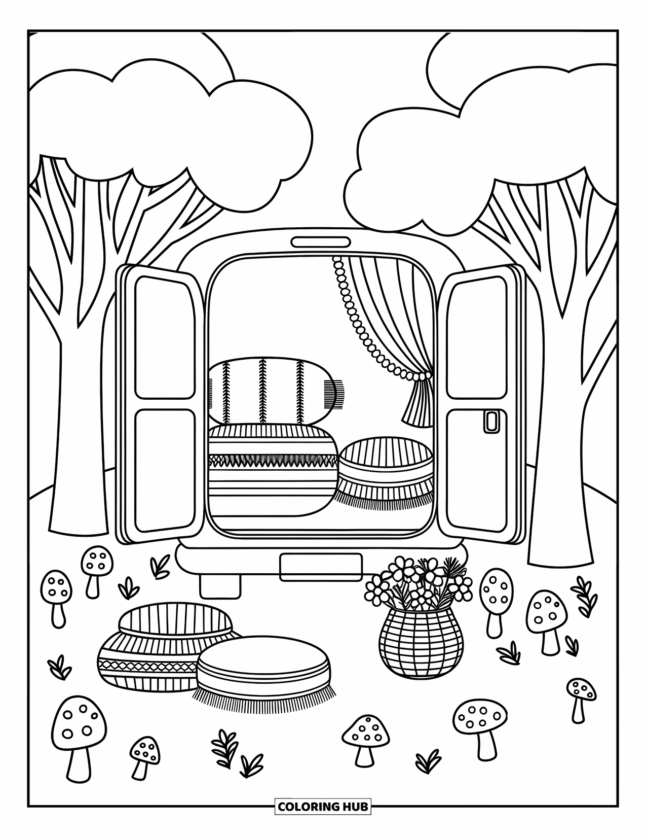 Boho Coloring Page for Adults: A camper van with open doors, soft blankets, and a basket of flowers