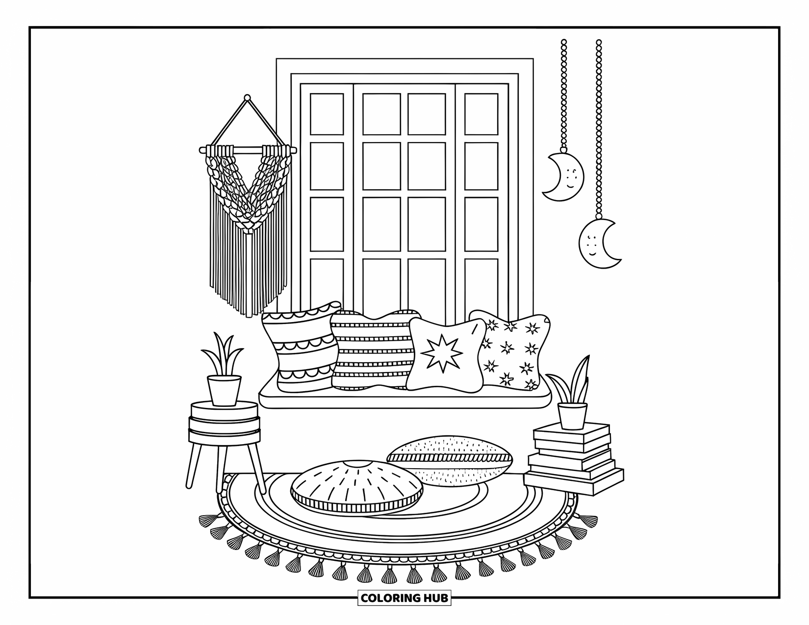 Boho Coloring Page for Adults: A charming window nook with cozy pillows, a tassel rug, and little stars