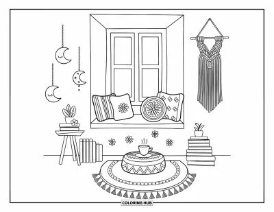 Boho-målarbild för vuxna: En mysig läshörna med tofsmattor, växter och svävande månhängen