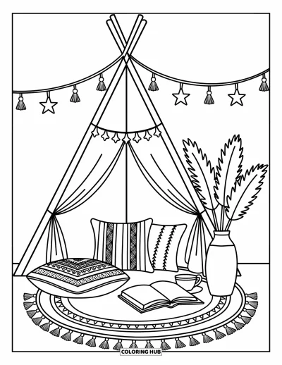 Boho-målarbild för vuxna: Ett mysigt tipi-hörn med kuddar, ljusslingor och en kopp te