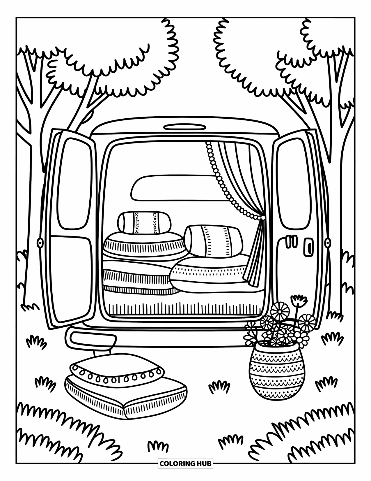 Boho Coloring Page for Adults: A cozy van in the woods filled with pillows, curtains, and floral touches