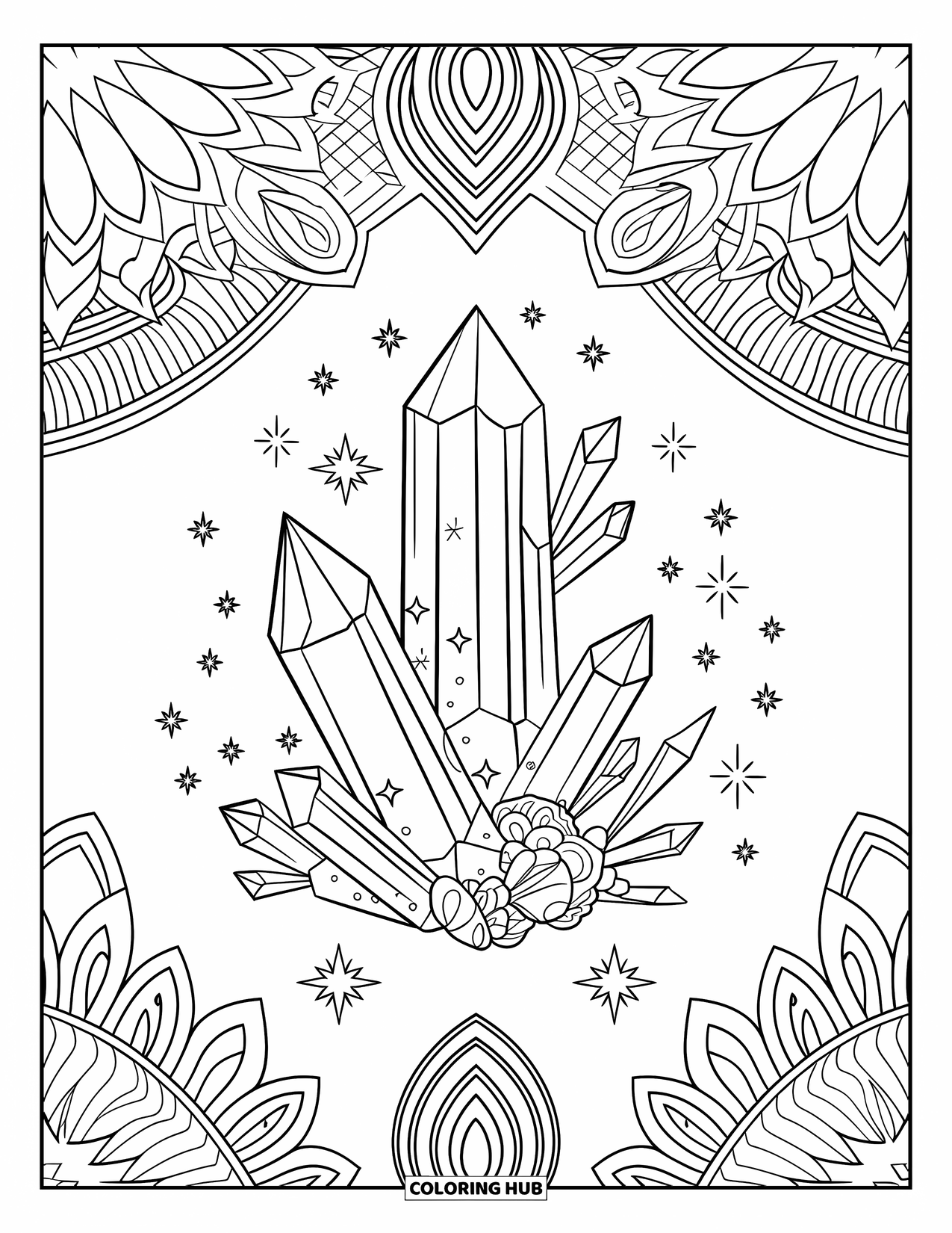 Boho Coloring Page for Adults: A crystal cluster surrounded by stars and intricate celestial elements