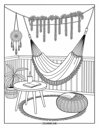 Boho-målarbild för vuxna: En söt balkong med hängmatta, lummiga växter och dinglade drömfångare