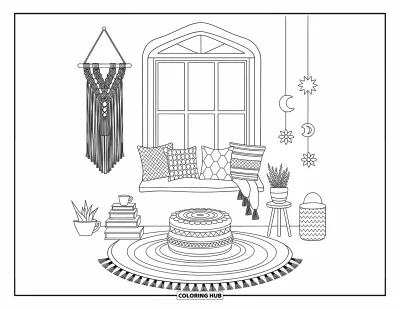 Boho-målarbild för vuxna: En söt fönsterbänk med mönstrade kuddar, böcker och måne-och-stjärnmobilar