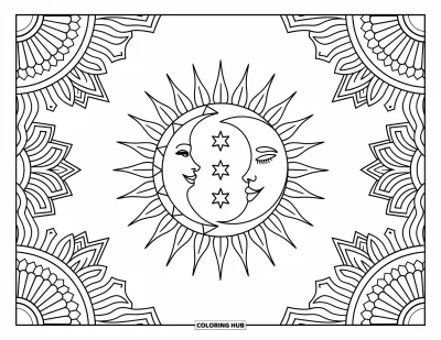 Boho-målarbild för vuxna: Sol och måne i harmoni omgivna av intrikata mönster och stjärnaccenter