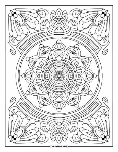 Boho-målarbild för vuxna: En stor cirkelmandala fylld med blommor, löv och spirallinjer