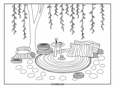 Boho-målarbild för vuxna: En fridfull golvplats med kuddar, te och rankor under ett sagolikt träd