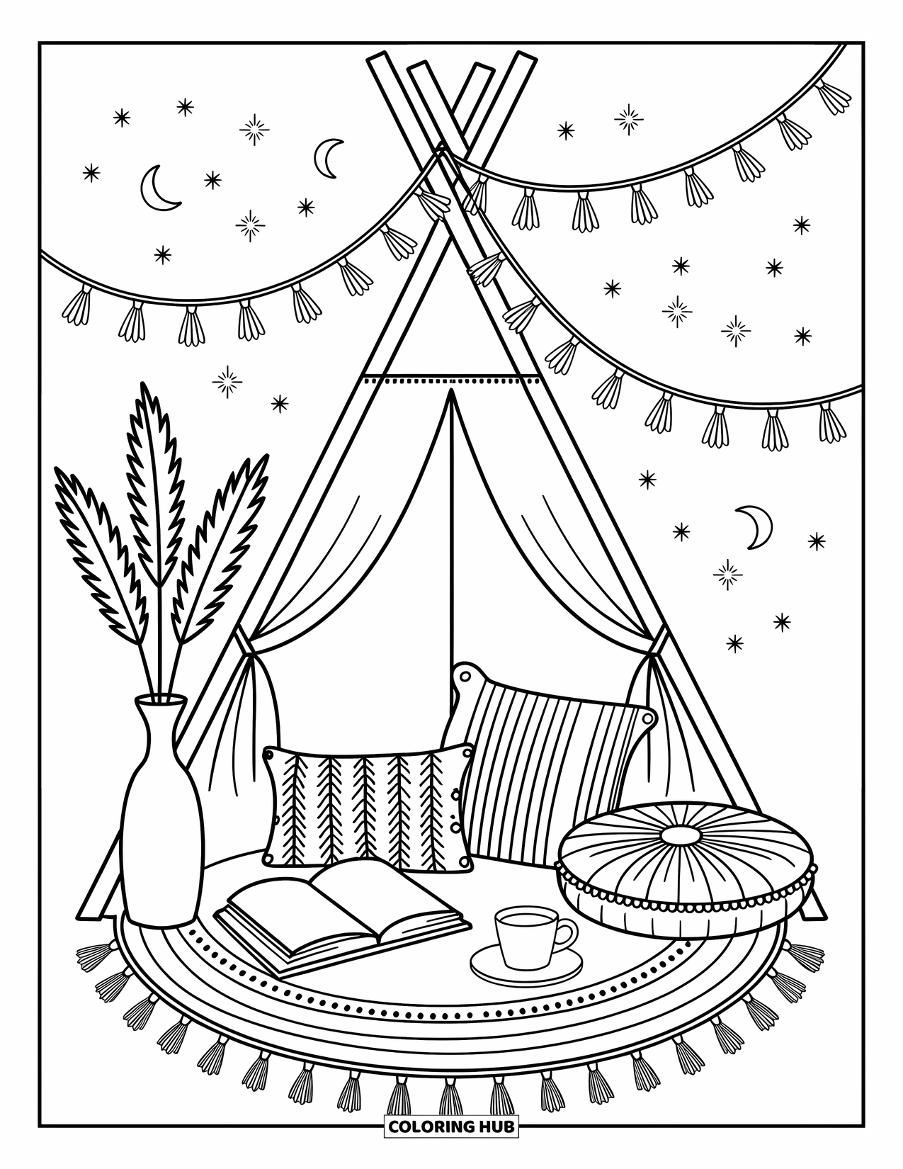 Boho Coloring Page for Adults: A relaxing boho nook with tea, pillows, and hanging stars and moons
