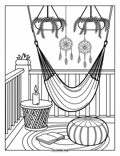 Boho-målarbild för vuxna: En liten balkong med en dagbok, ljus och en hängmatta under växter