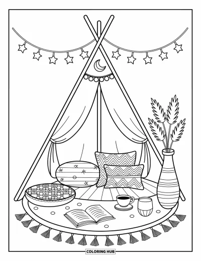 Boho-målarbild för vuxna: Ett mjukt boho-tipi med kuddar, pampasgräs och te- och bokupplägg