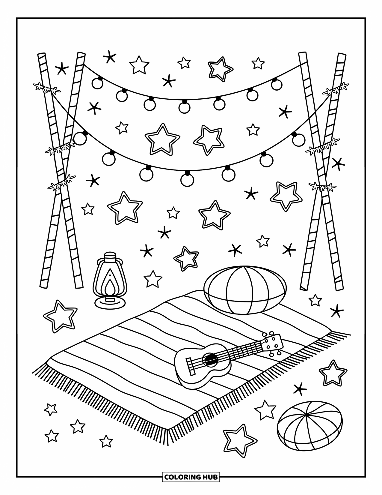 Boho Coloring Page for Adults: A stargazing spot with string lights, a ukulele, and star-shaped cushions