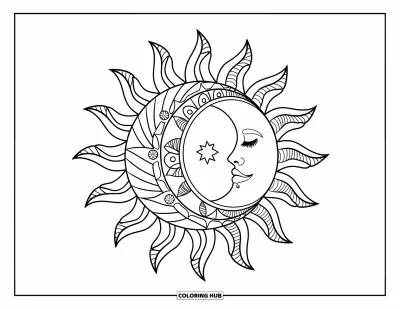Boho-målarbild för vuxna: Sol och måne insvept i stjärnor med mönstrade strålar och svepande mönster