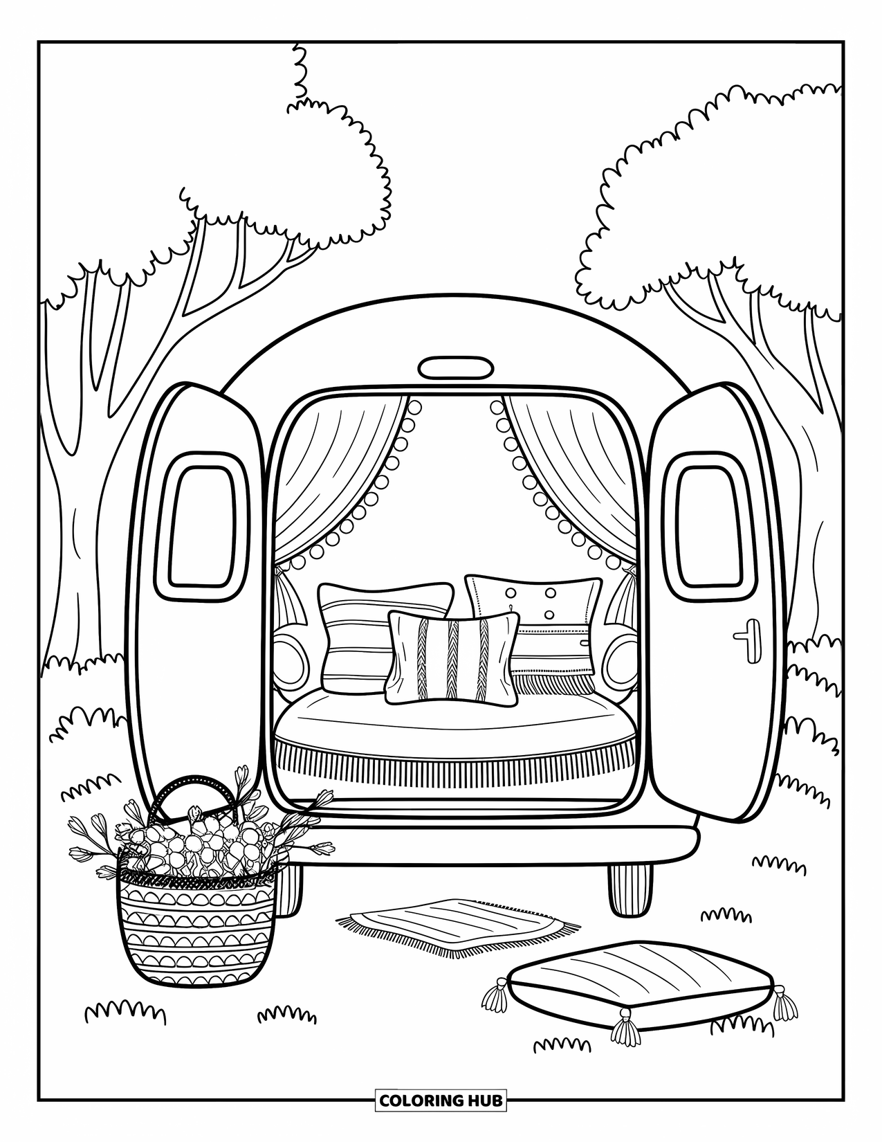 Boho Coloring Page for Adults: A van in the woods with boho cushions, flowers, and hanging beads