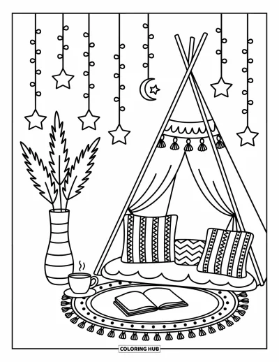 Boho-målarbild för vuxna: Ett varmt tipi med tofsar, böcker och stjärniga ljusslingor