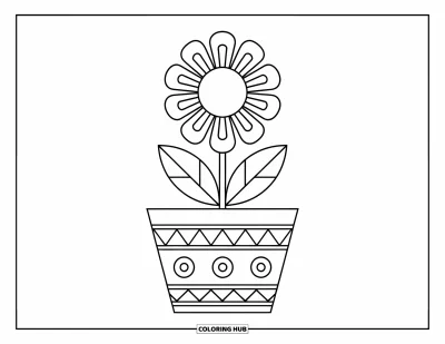 Boho-målarbild för barn: En stor blomma i en mönstrad kruka, enkel och rolig att färglägga