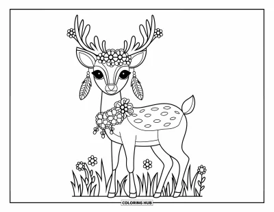 Boho-målarbild för barn: En bohohjort med blommor och fjädrar står i ett blomstrande grönt fält