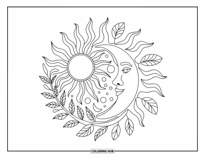 Boho-målarbild för barn: En boho-sol och måne slingrar sig med bladgrenar och spridda prickar