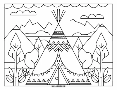 Boho-målarbild för barn: Ett boho-tipi står nära träd och berg med blommor runt om