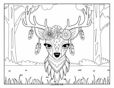 Boho-målarbild för barn: En lugn hjort med blommiga horn och fjädrar på en gräsplätt