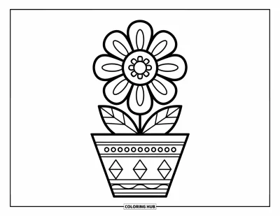 Boho-målarbild för barn: En glad blomma i en kruka med triangel- och slingmönster