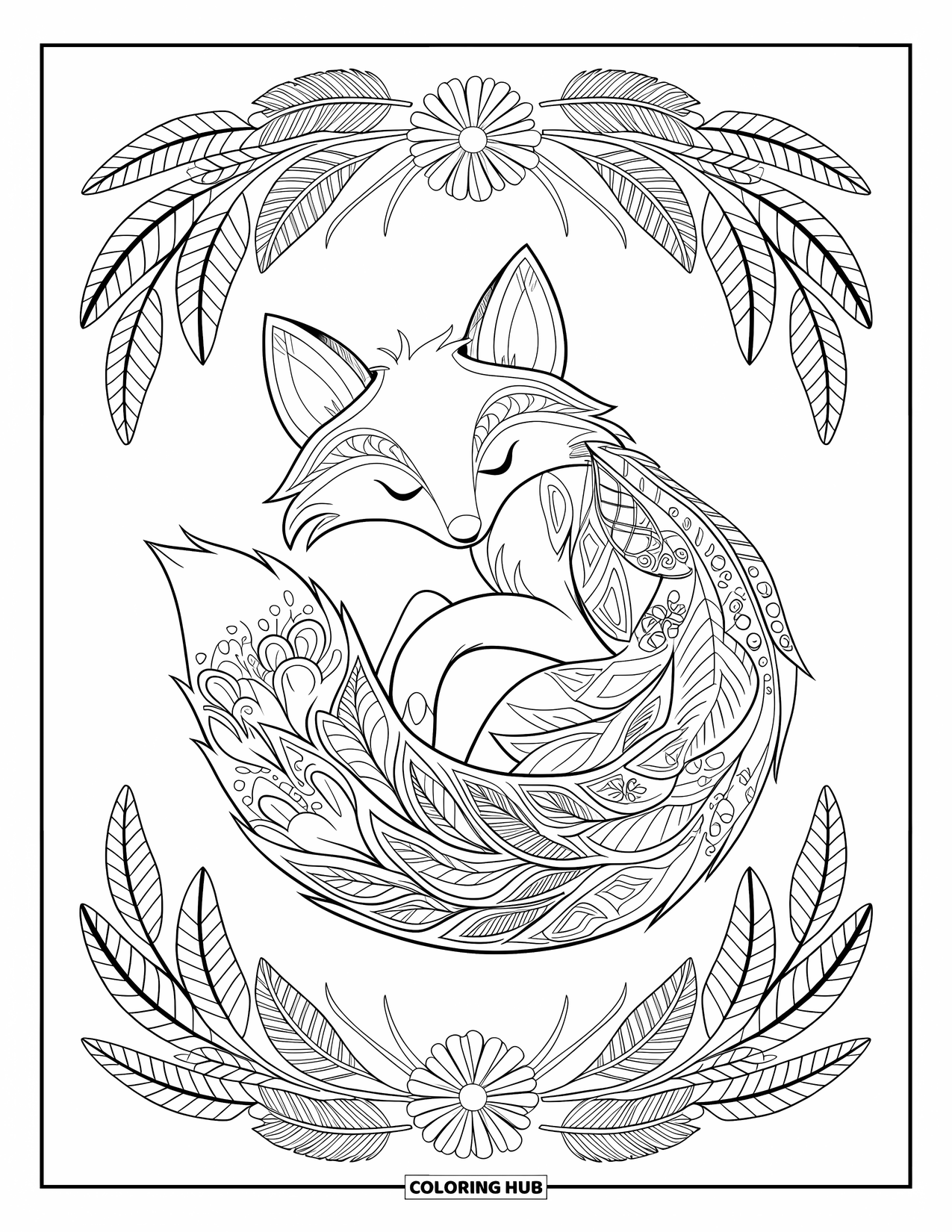 Boho Coloring Page for Kids: A curled-up fox rests under a frame of feathers and flowers