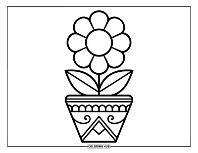 Boho-målarbild för barn: En blomma med kraftiga kronblad blommar i en kruka med boho-accenter