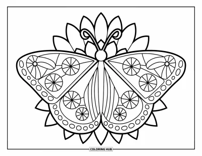 Boho-målarbild för barn: En mönstrad fjäril vilar på en blomma med bladmönster bakom