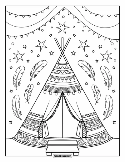 Boho-målarbild för barn: Ett mönstrat tipi-tält står på träbalkar med stjärnor ovanför