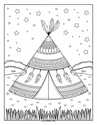 Boho-målarbild för barn: Ett runt tipi-tält vilar på gräs under en stjärnströdd natthimmel