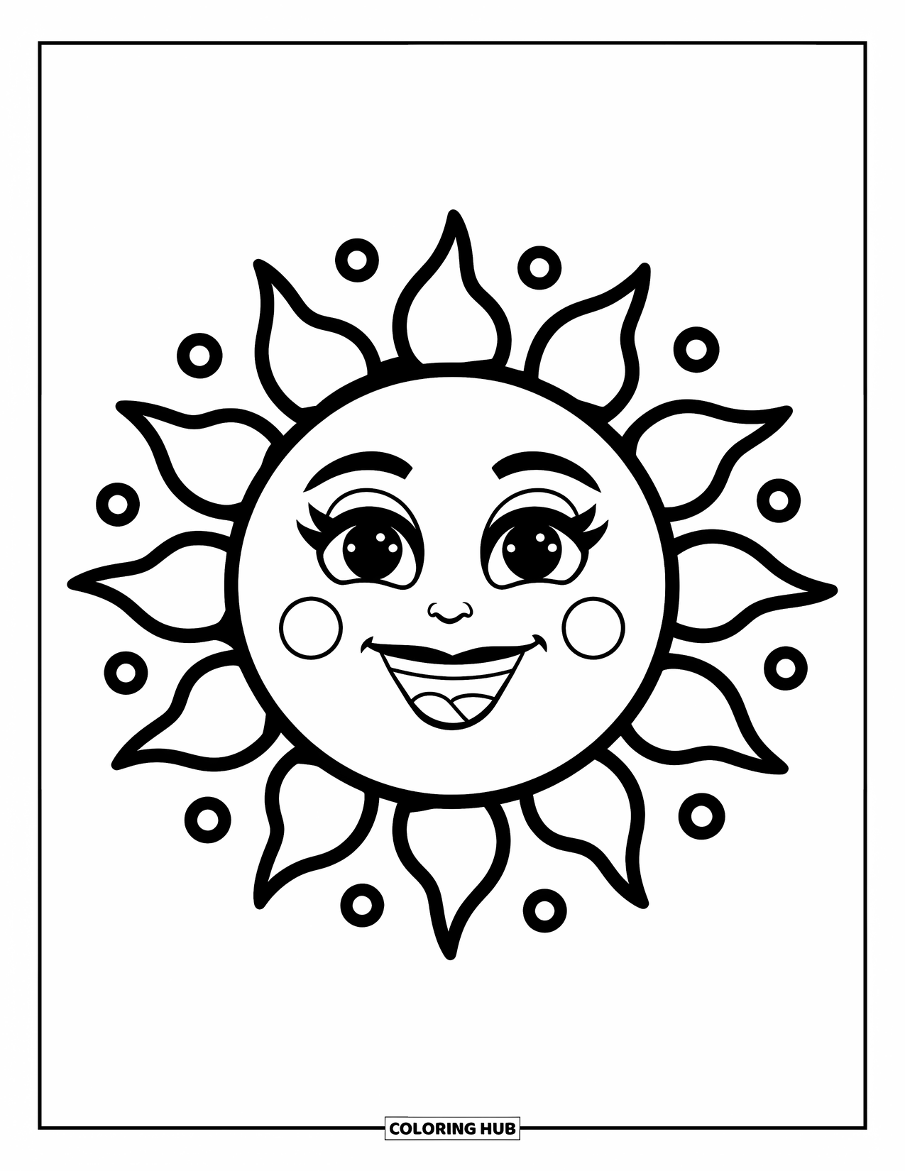 Boho Coloring Page for Kids: A smiling sun with chunky rays shines with playful dotted details
