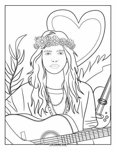 Boho-målarbild för barn: En tonåring med långt hår spelar gitarr bland växter och ett ritat hjärta