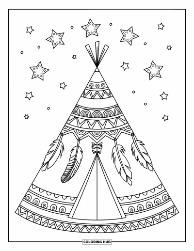 Boho-målarbild för barn: Ett tipi-tält med fjädrar och stjärnor under en fridfull himmel